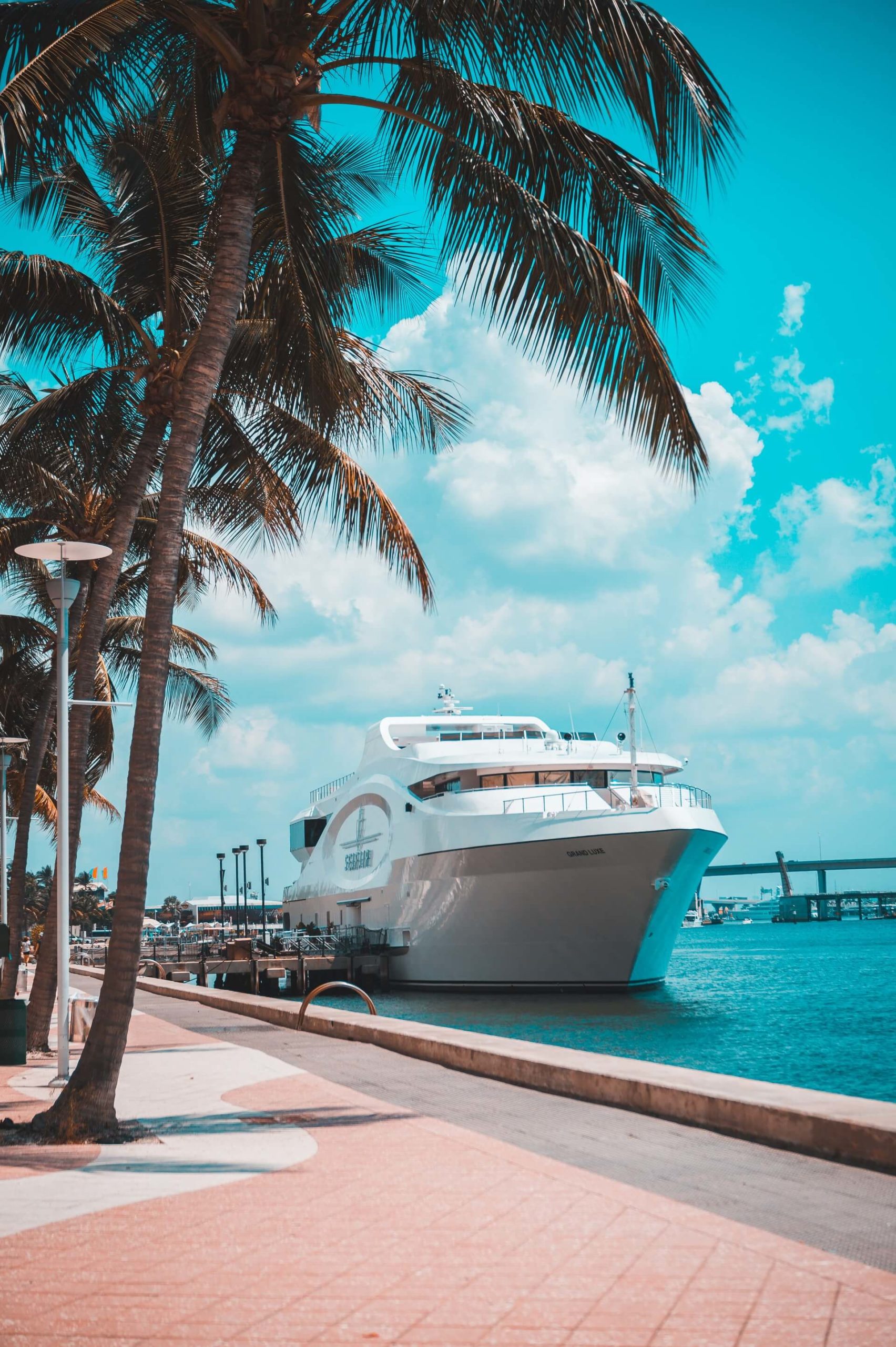 white yacht sitting in blue water next to palm trees in miami travel guide