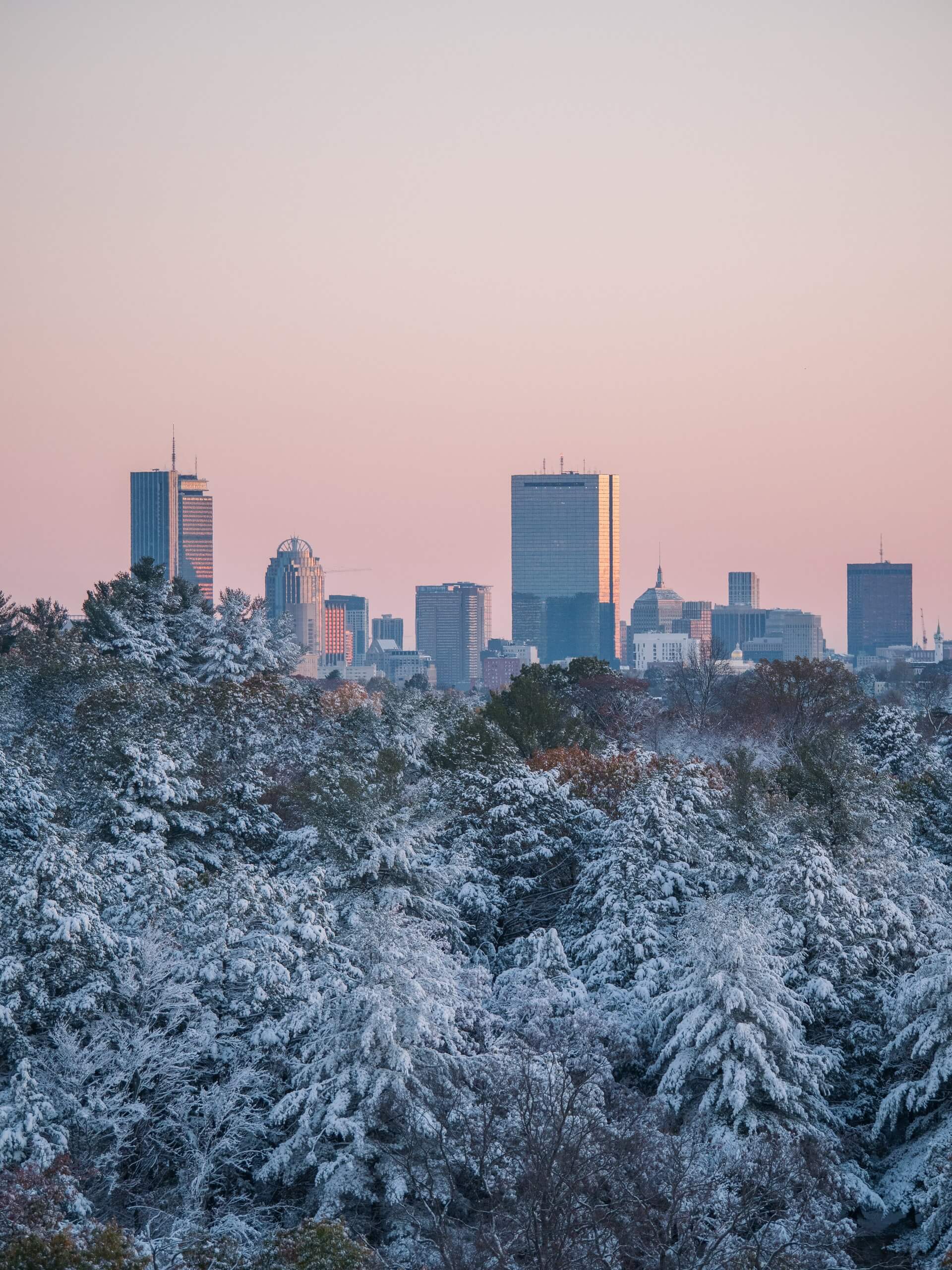 pink boston sunset in winter