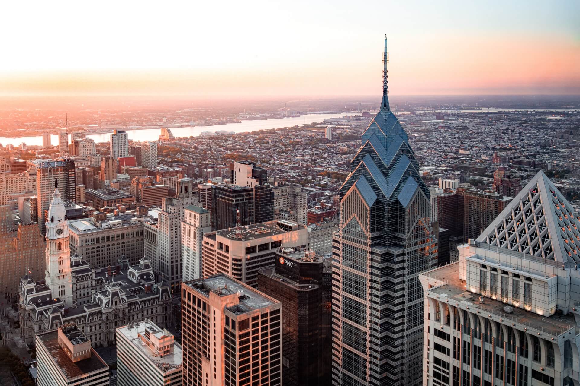 aerial sunrise scenes while traveling in downtown philadelphia