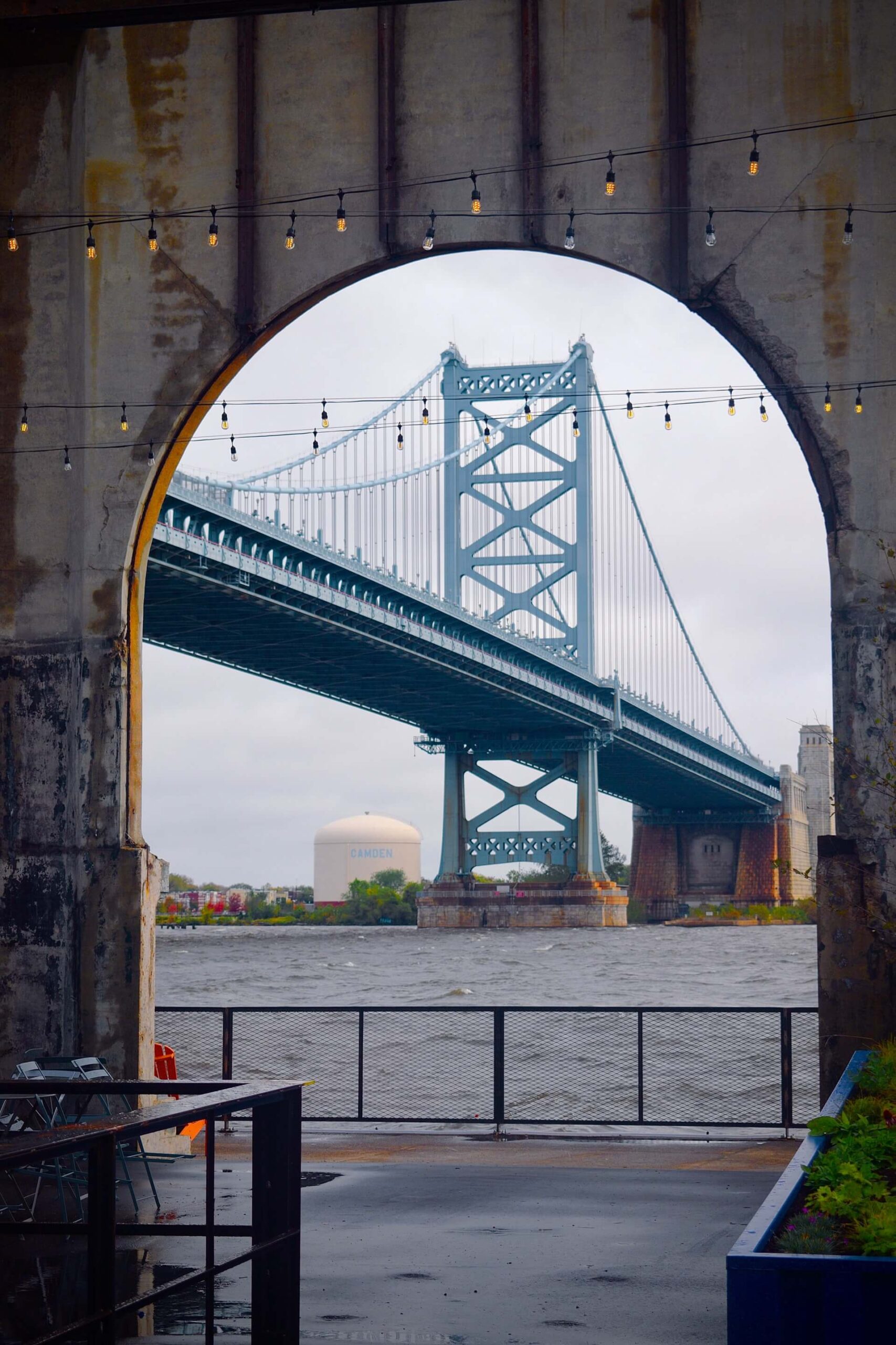view of ben franklin bridge from somewhere underneath near the water