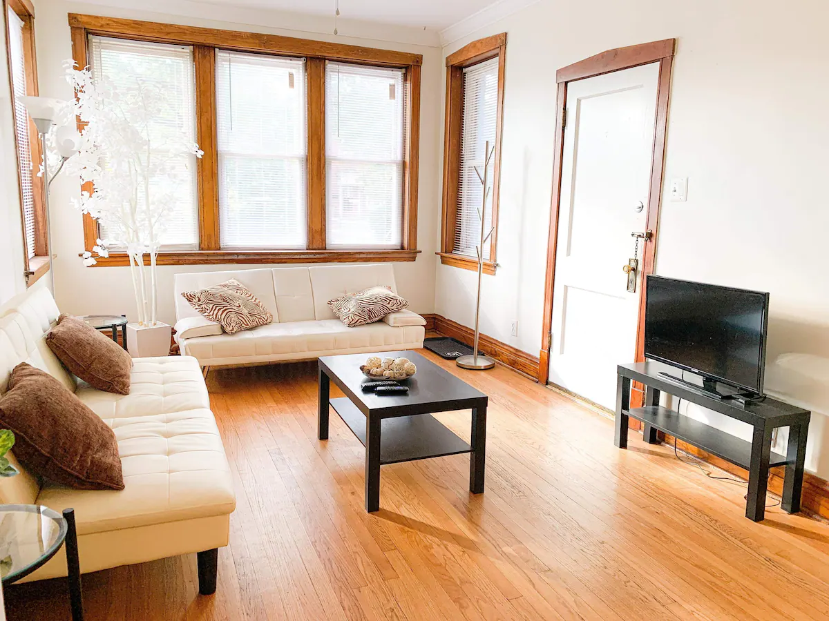 sunny living room inside one of the best airbnb in chicago choices