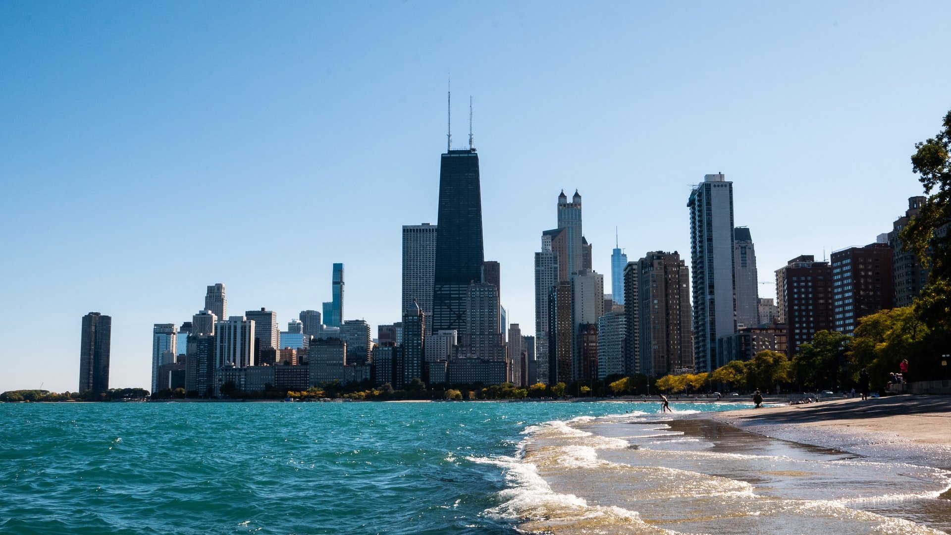 beach scene in chicago with green trees surrounding it 
