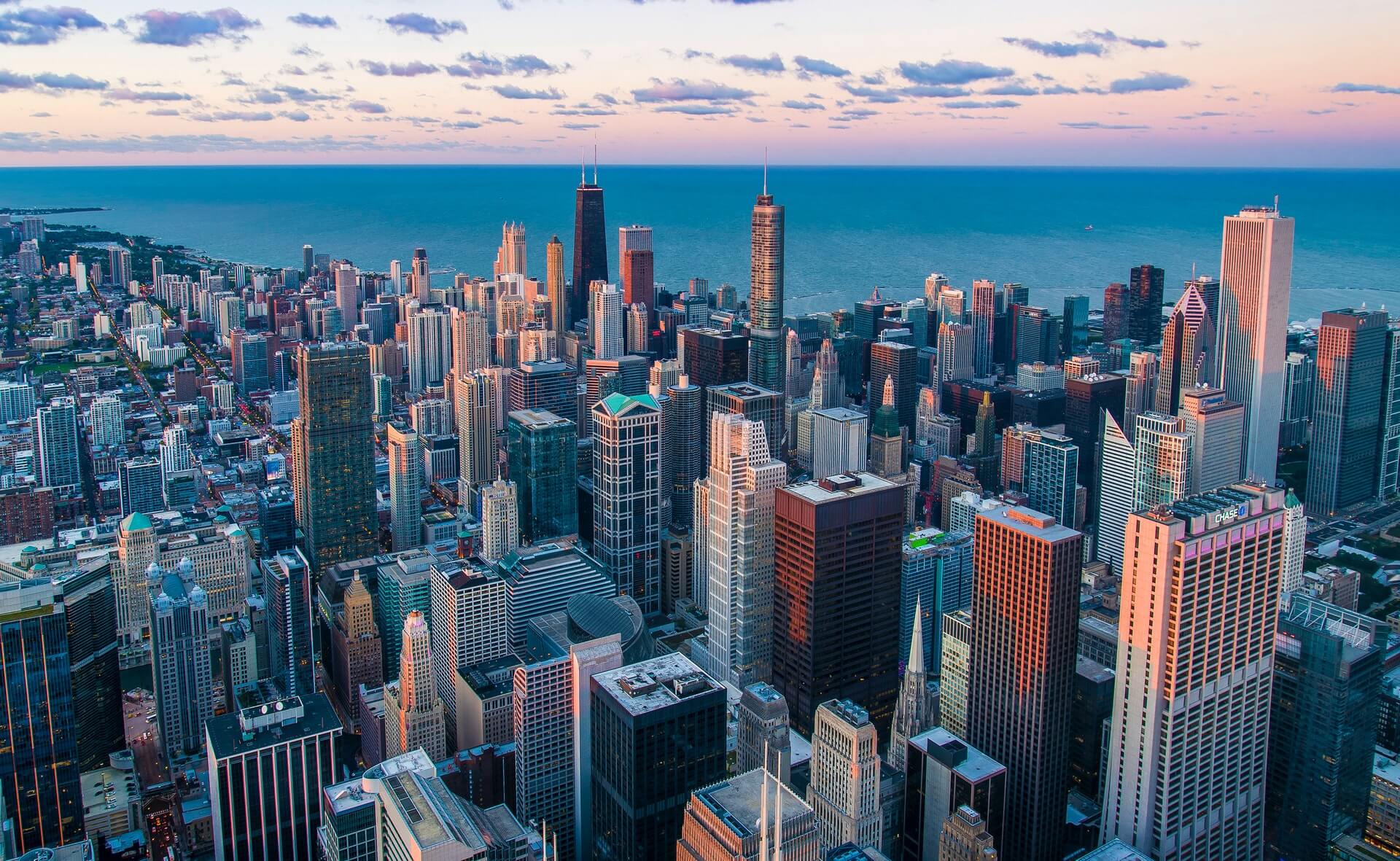 Chicago sunset aerial view