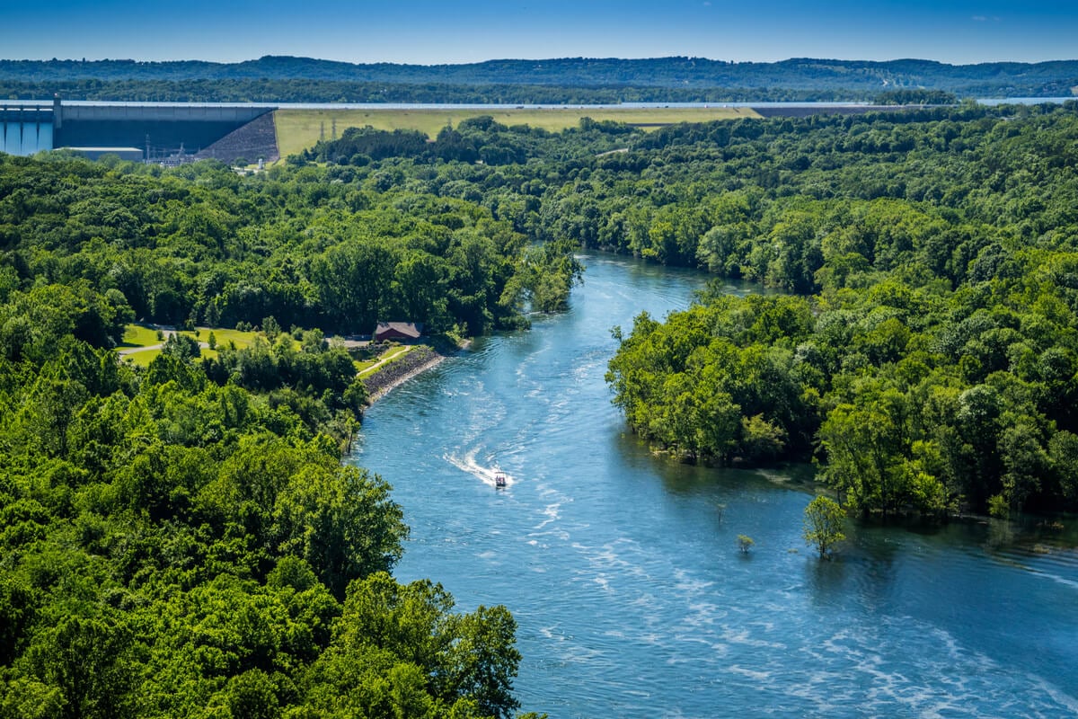 Blue river surrounded by a lush green forest in missouri