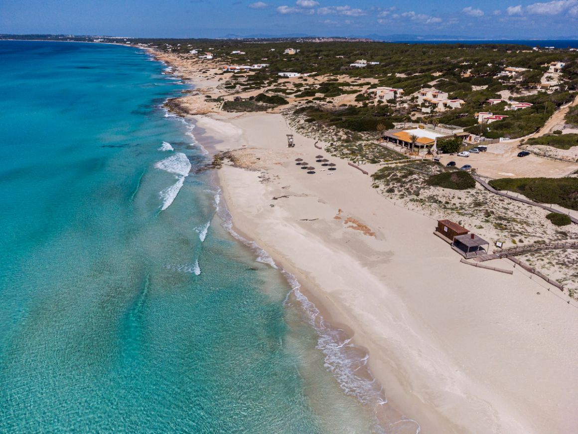 An aerial view of Migjorn coastline in Formentera Island, Spain 