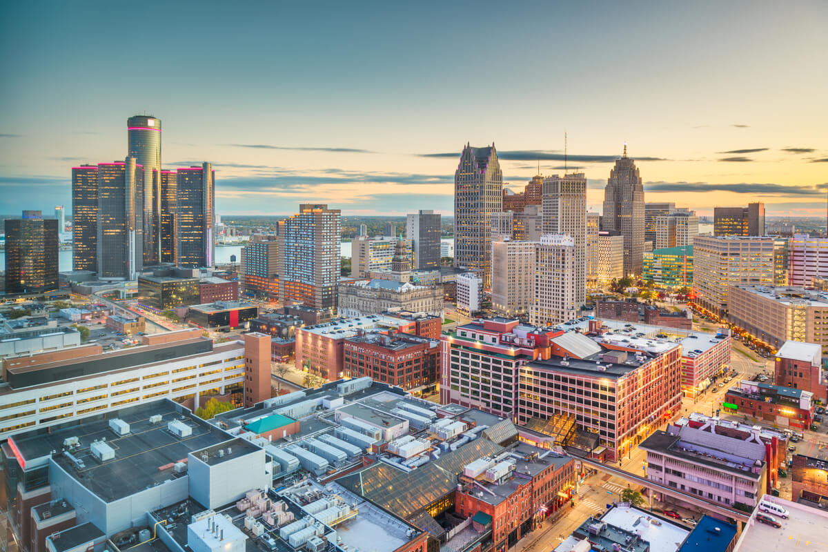 Detroit city skyline at sunrise, USA