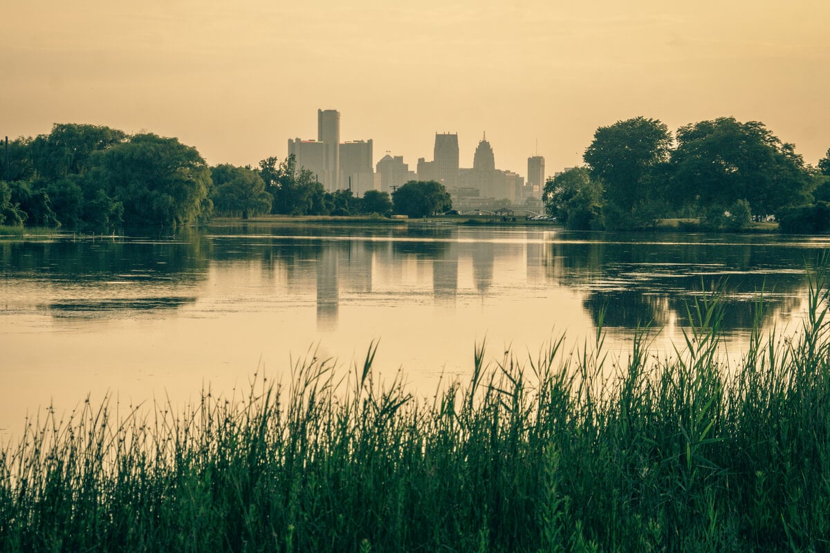 view of detroit at sunset from belle island