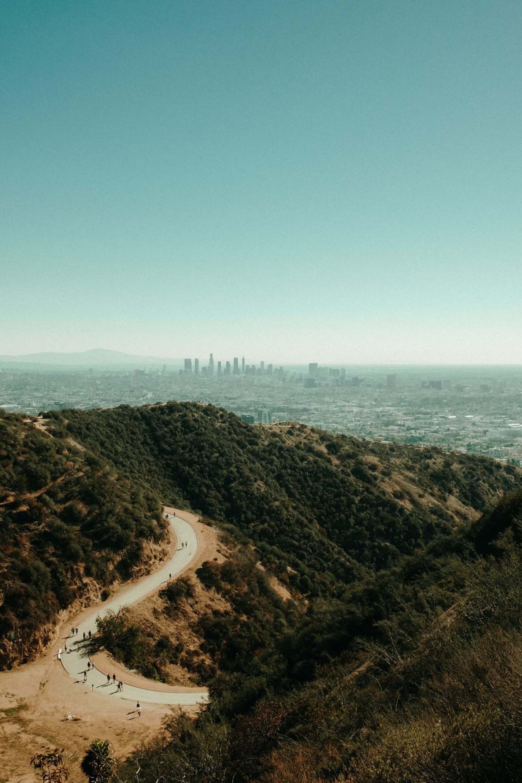 los angeles skyline in the background with green rugged mountain trail up front