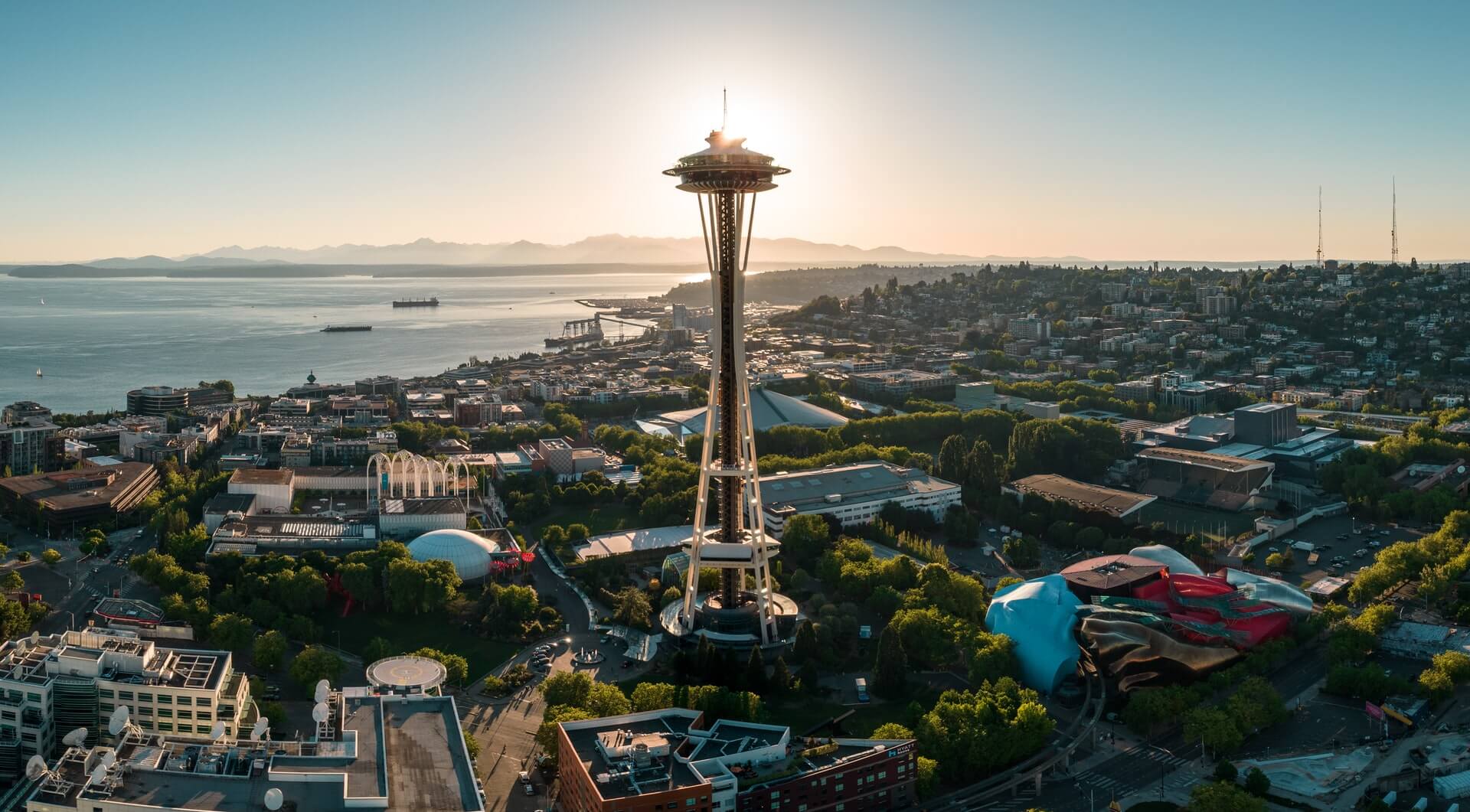 drone view of seattle space needle seattle