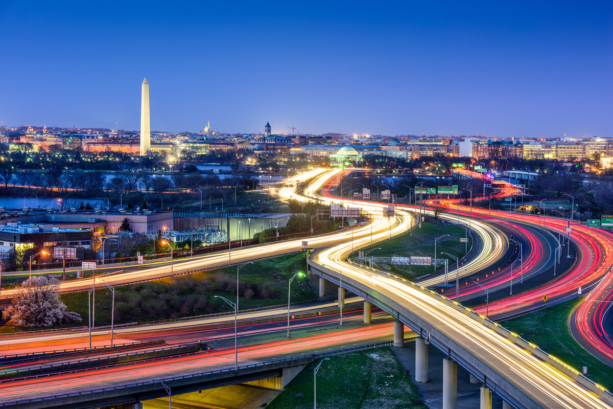 lit up highway of washington dc at night