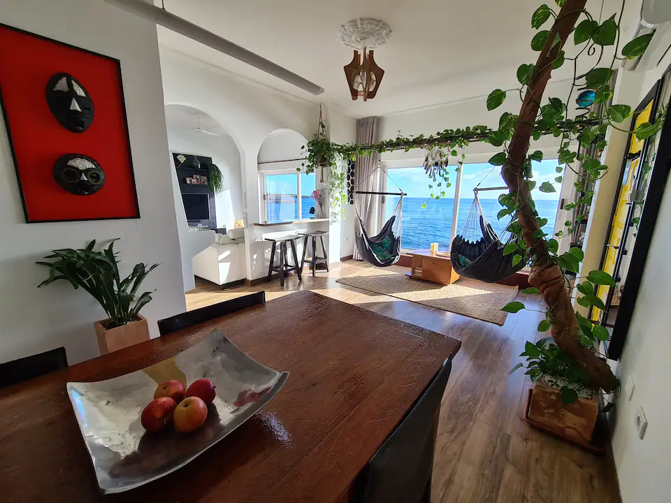 Dining and living area full of plants and two hammocks. the large windows open out to a view directly to the ocean