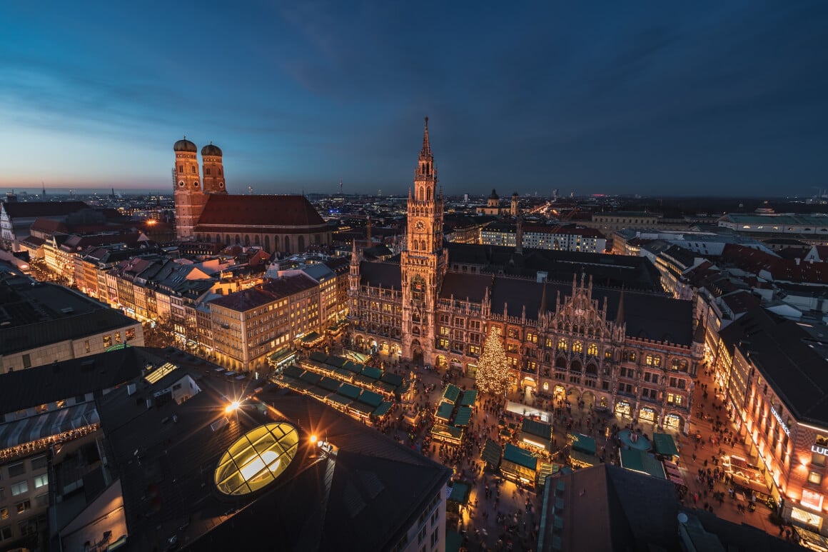 a birds eye view of one of the Epic German Christmas markets in munich