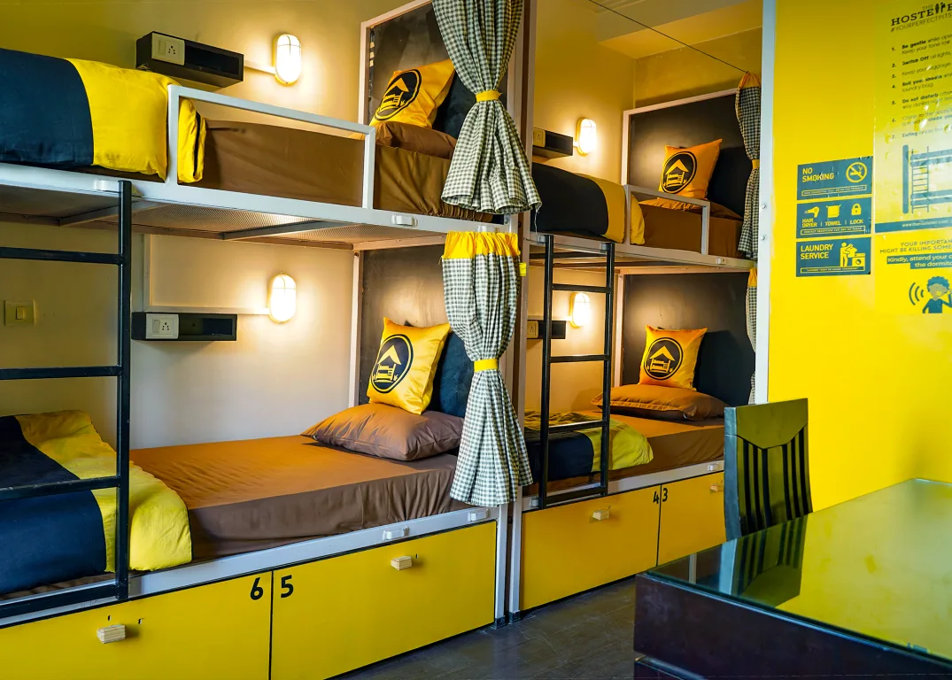 yellow dorm beds in one of the best hostels in india