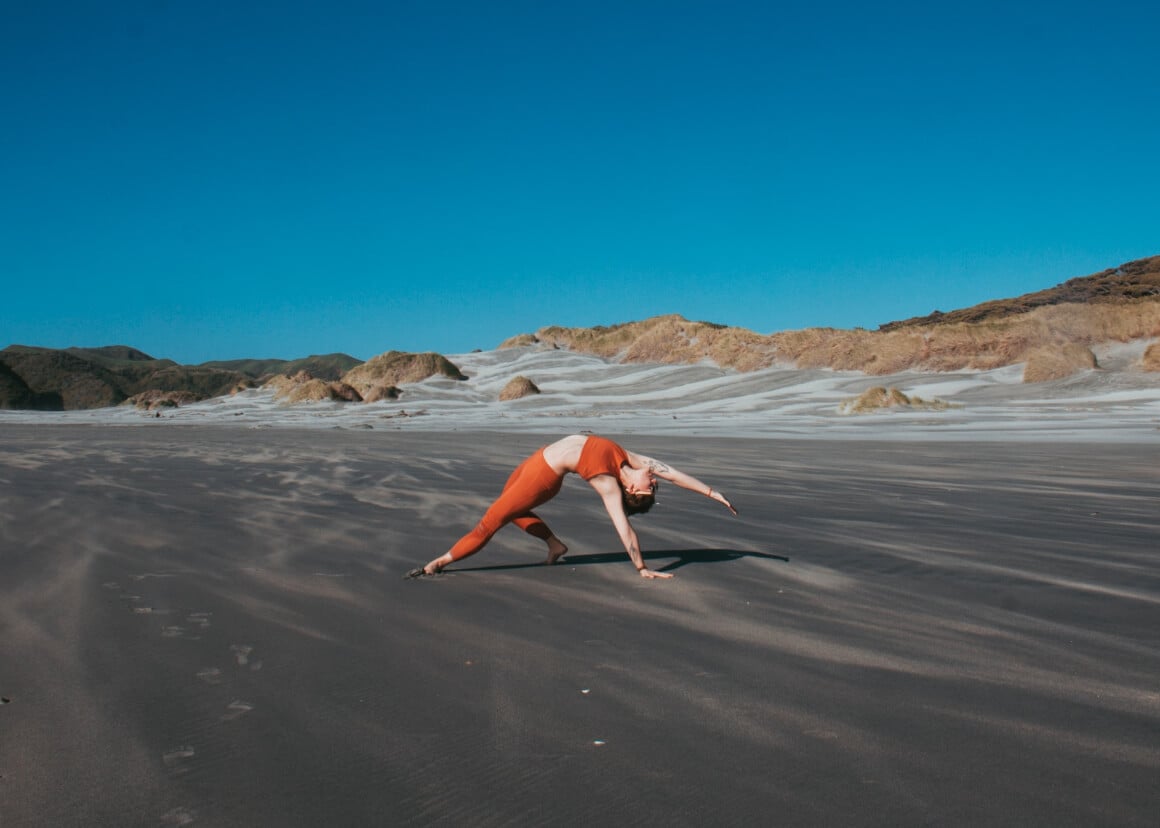 Yoga Wharariki beach New Zealand