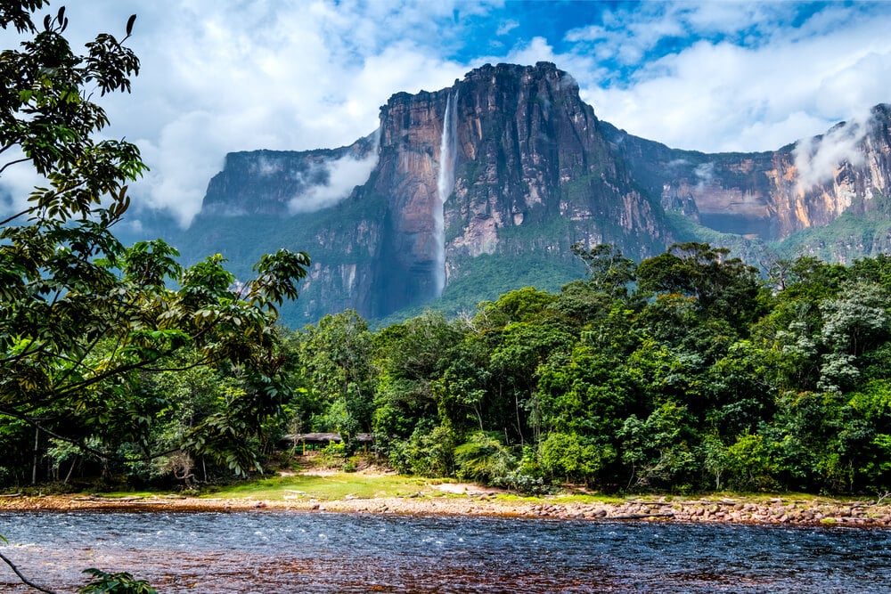 angel falls the tallest waterfall on the planet set amongst lush greeny as it tumbles down a tannish cliff
