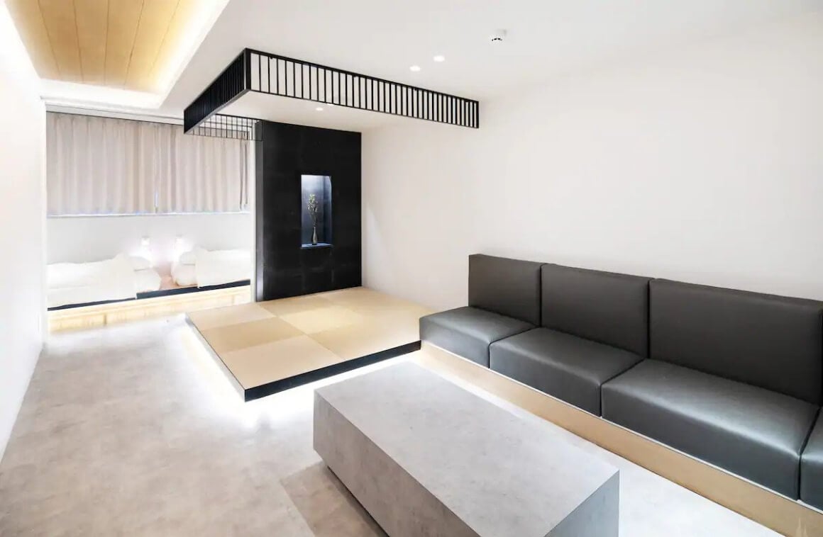 Living room area of Futuristic Modern Apartment in Namba/Shinsaibashi area of Osaka