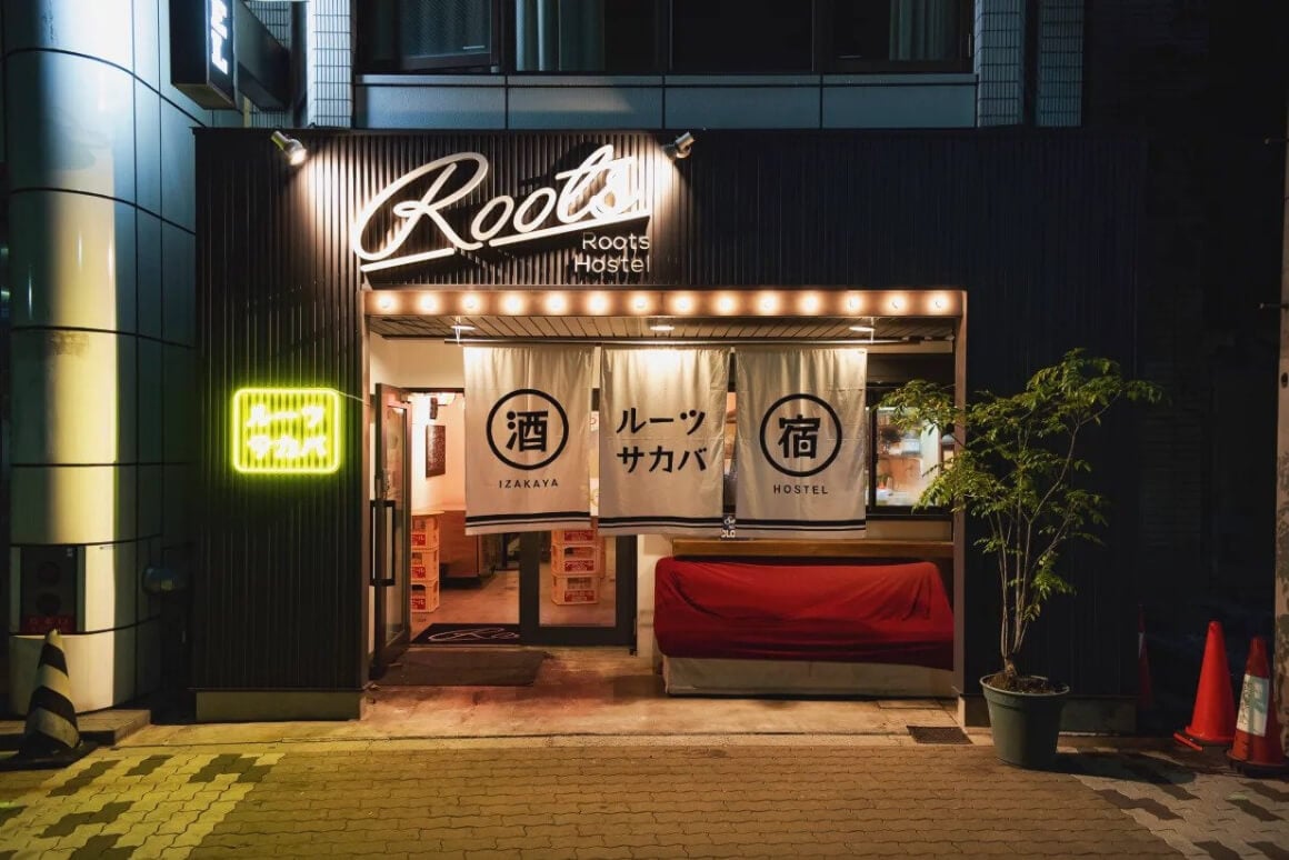 Front view of the Roots Hostel in Honmachi, Osaka, Japan