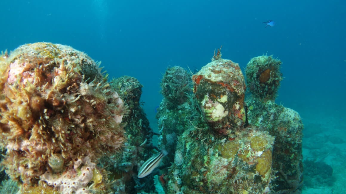 Underwater statues, fish and coral. Isla Mujeres, Mexico. 
