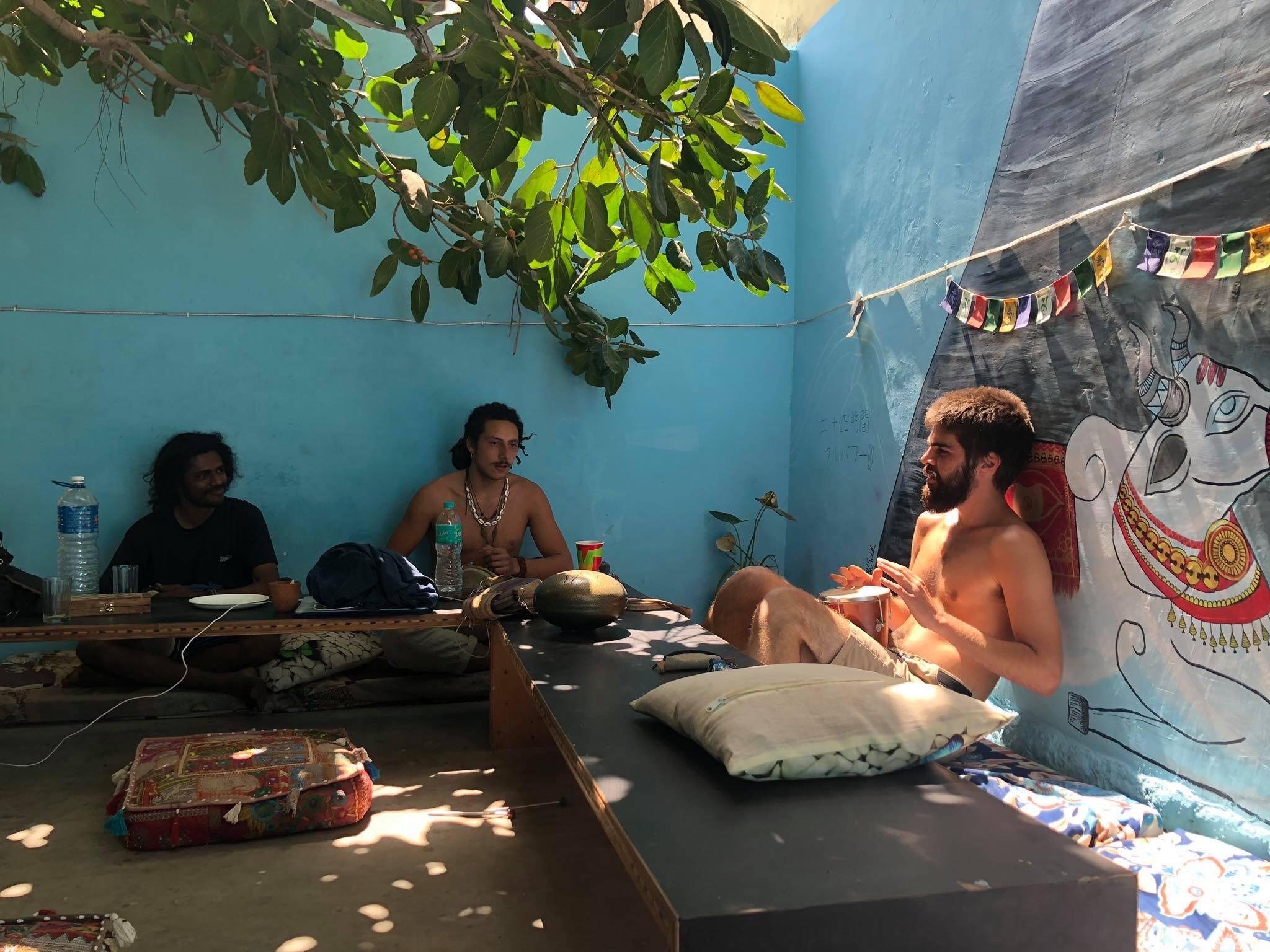 three people sitting near a blue wall and a wall painted with a cow at a hostel in india