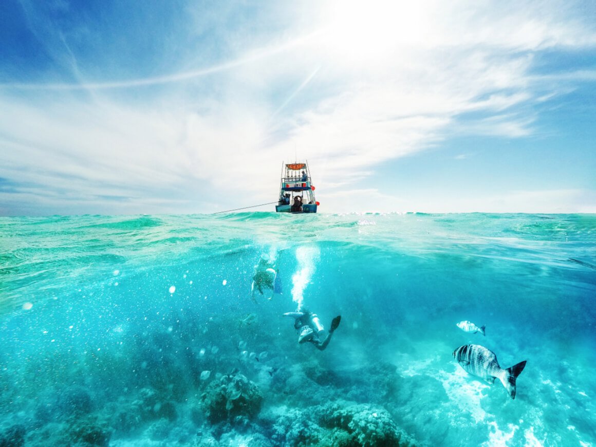 Scuba divers underwater Cozumel Mexico