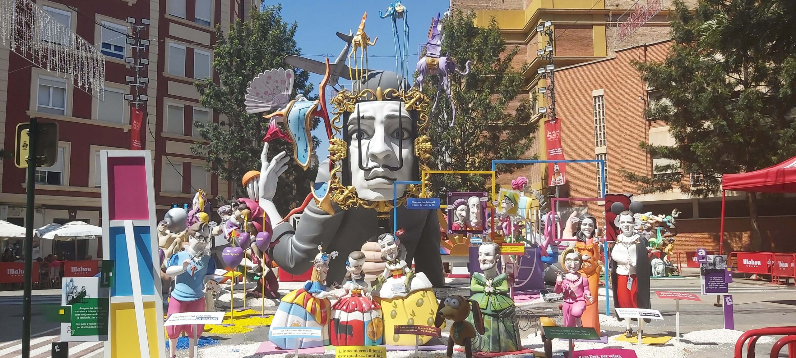 Colourful paper mache falla with the face of salvador dali in the centre at the festival of the fallas in Valencia