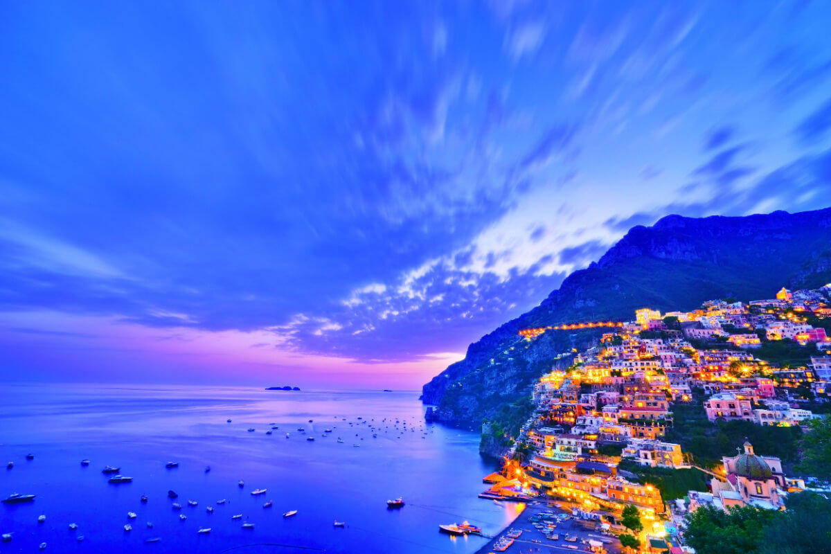 Positano village in neon sunset/dusk
