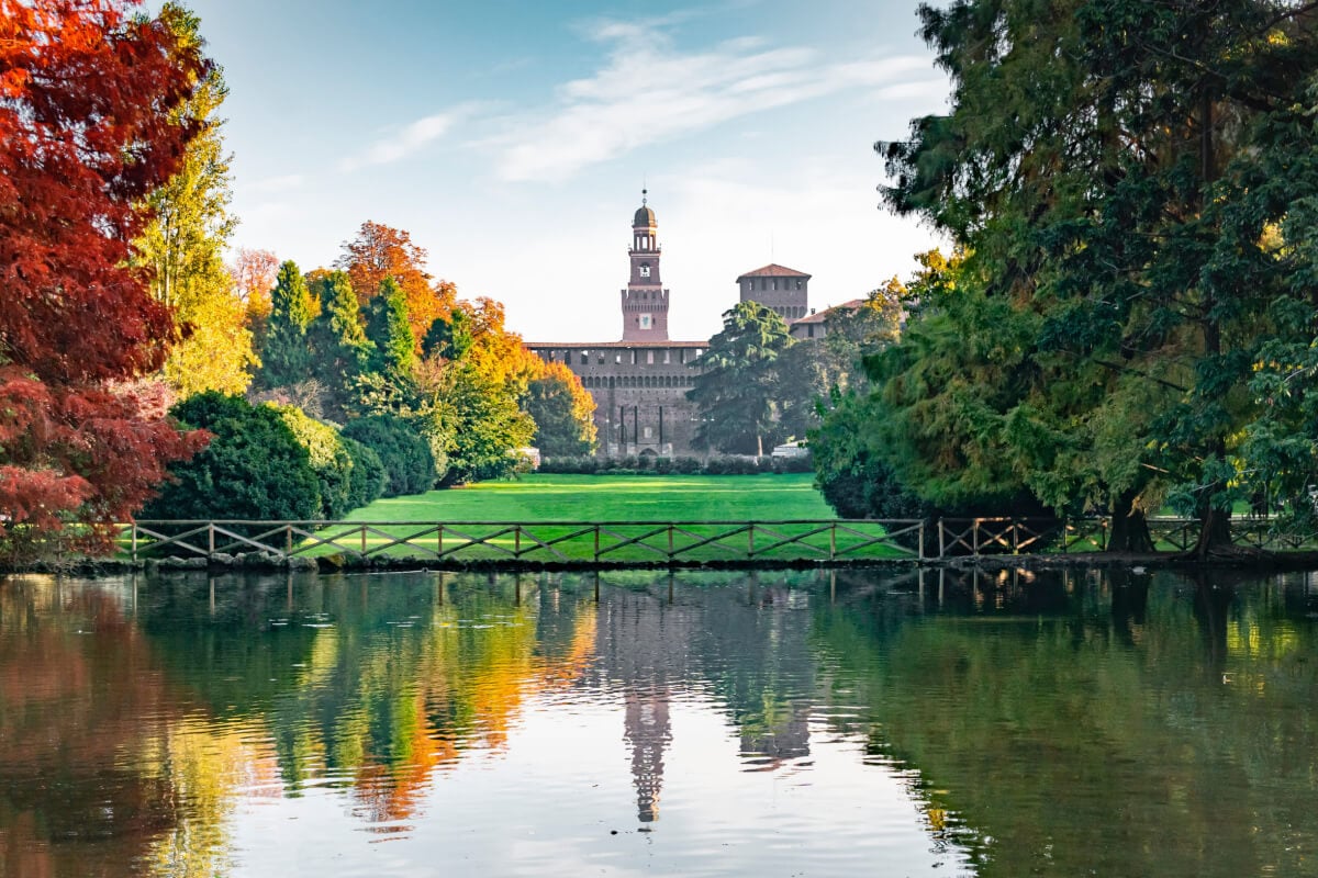 Milan's Sforza Castle over the lake
