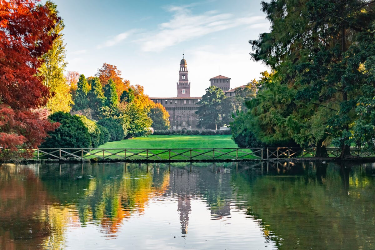 Milan's Sforza Castle over the lake