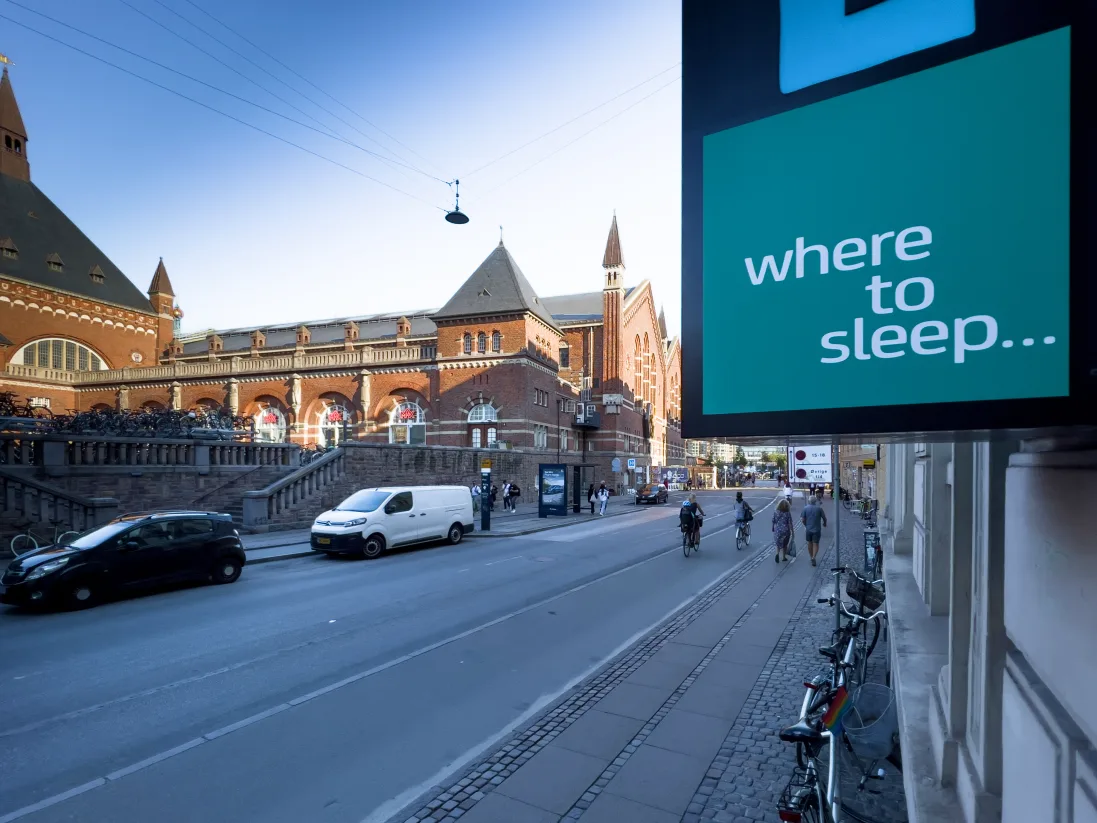 a hostel sign in downtown copenhagen