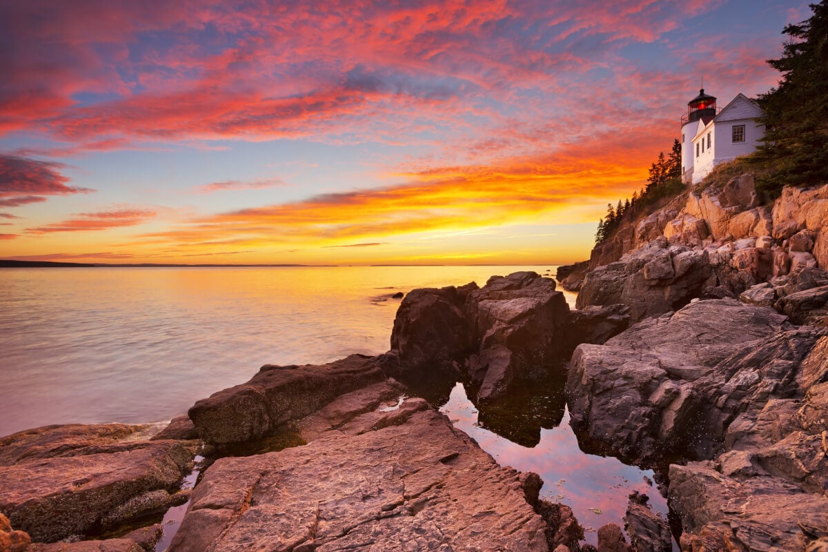 Lighthouse and sunset in Acadia national park