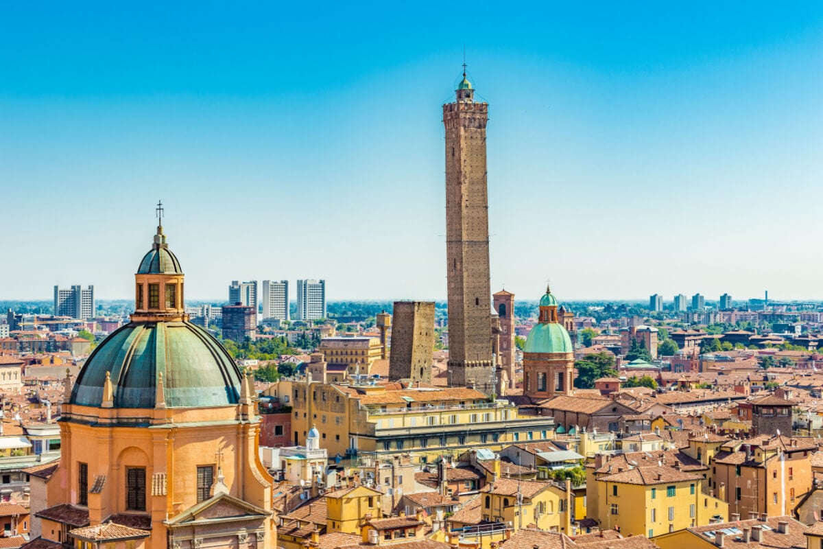 Bologna's skyline in midday sunshine.