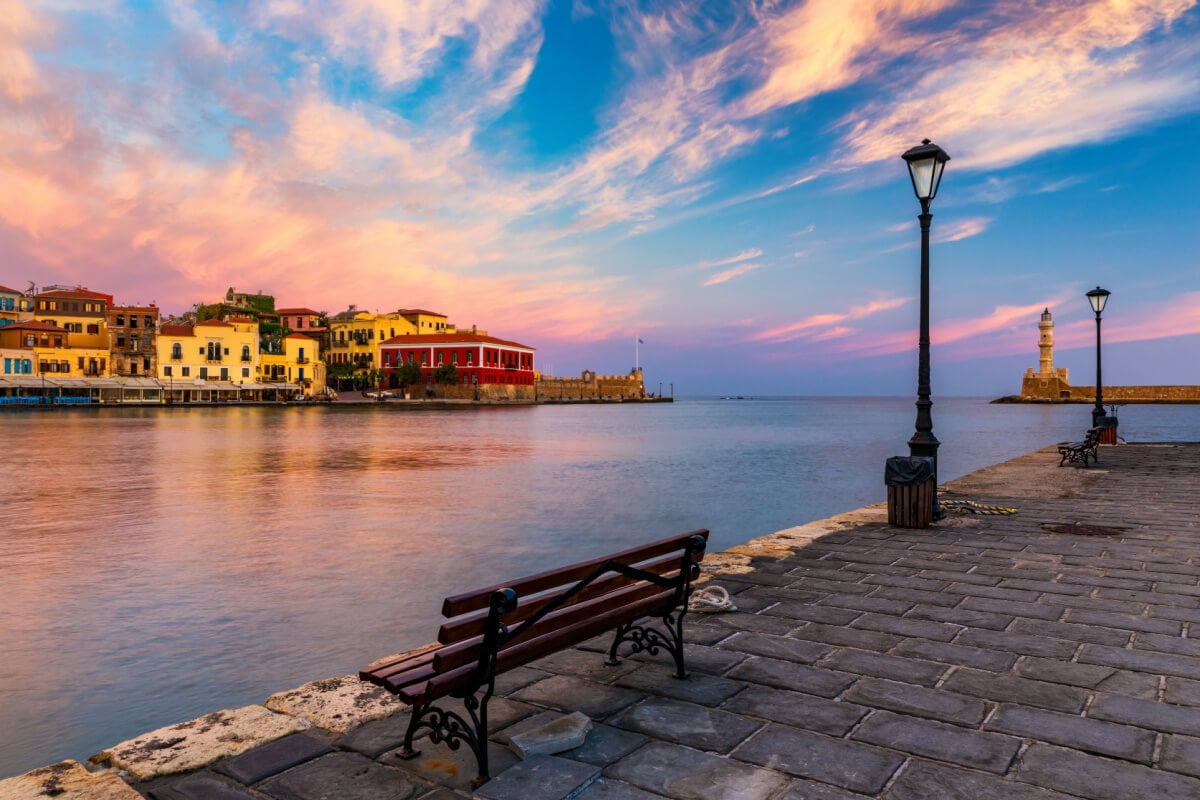 The Chania Venetian Harbour, with lighthouse and bench