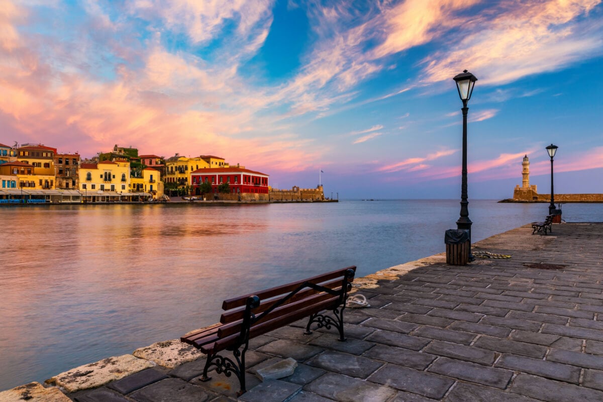 The Chania Venetian Harbour, with lighthouse and bench