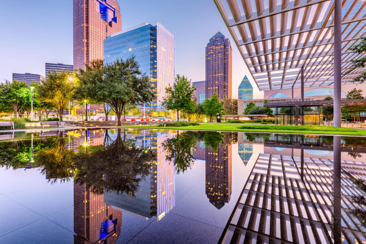 Downtown Dallas with park and lake.