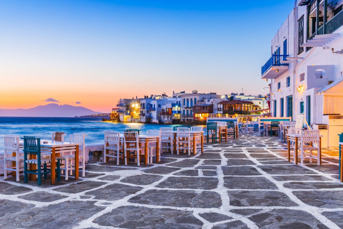 Mykonos Landscape with outside restaurant seating and beach