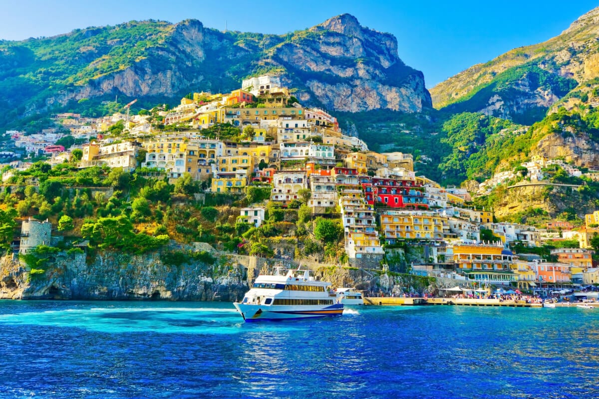 Positano Amalfi Coast landscape with ship