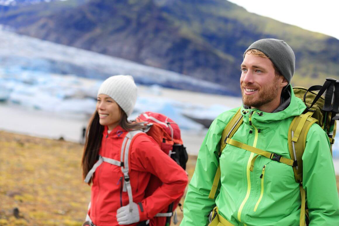 hikers wearing thick padded jackets 