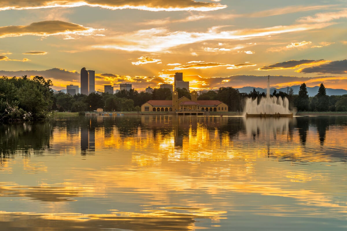 Denver golden sunset over city park