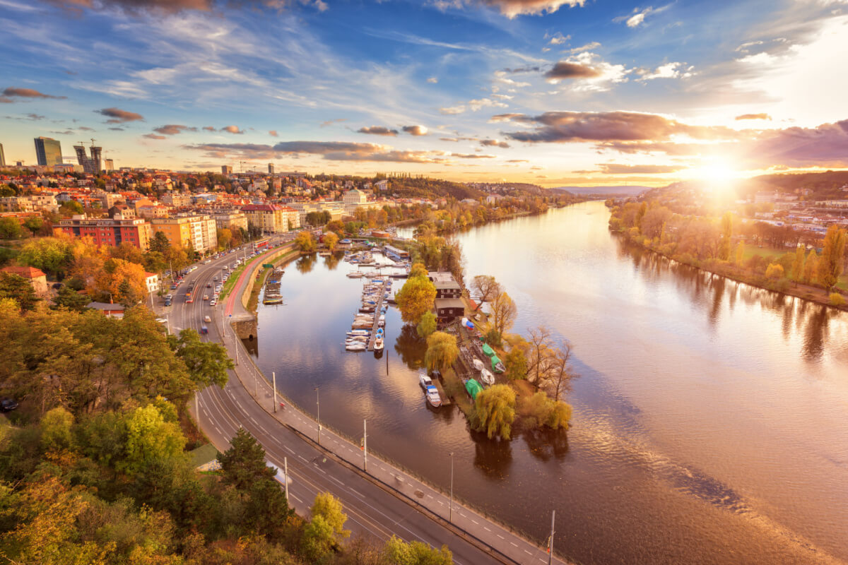 Prague city landscape with the Vltava river