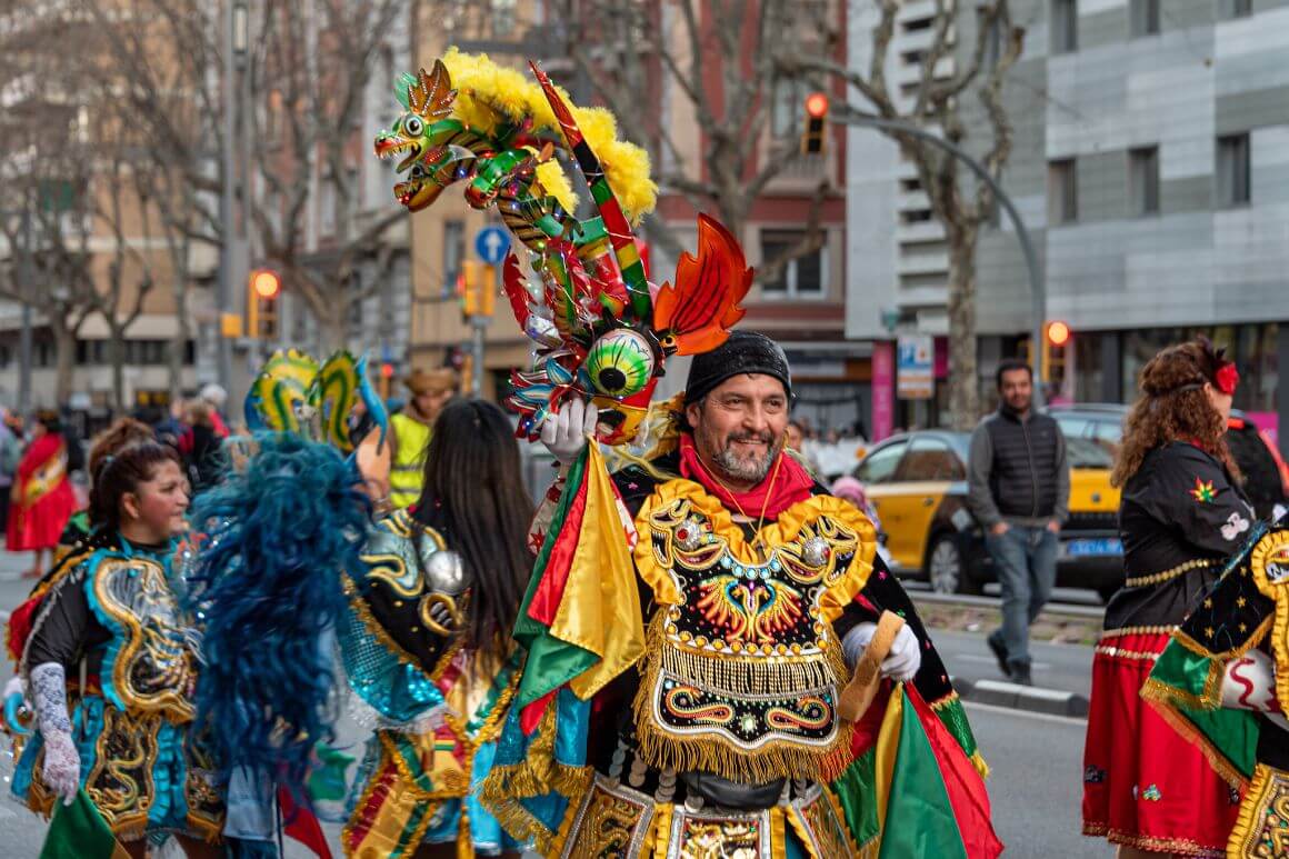 Man wearing colorful costume in Carnaval Barcelona