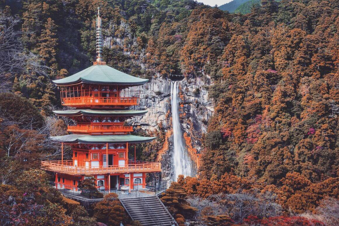 Views from Nachi Falls, Japan, cascading down a mountainside