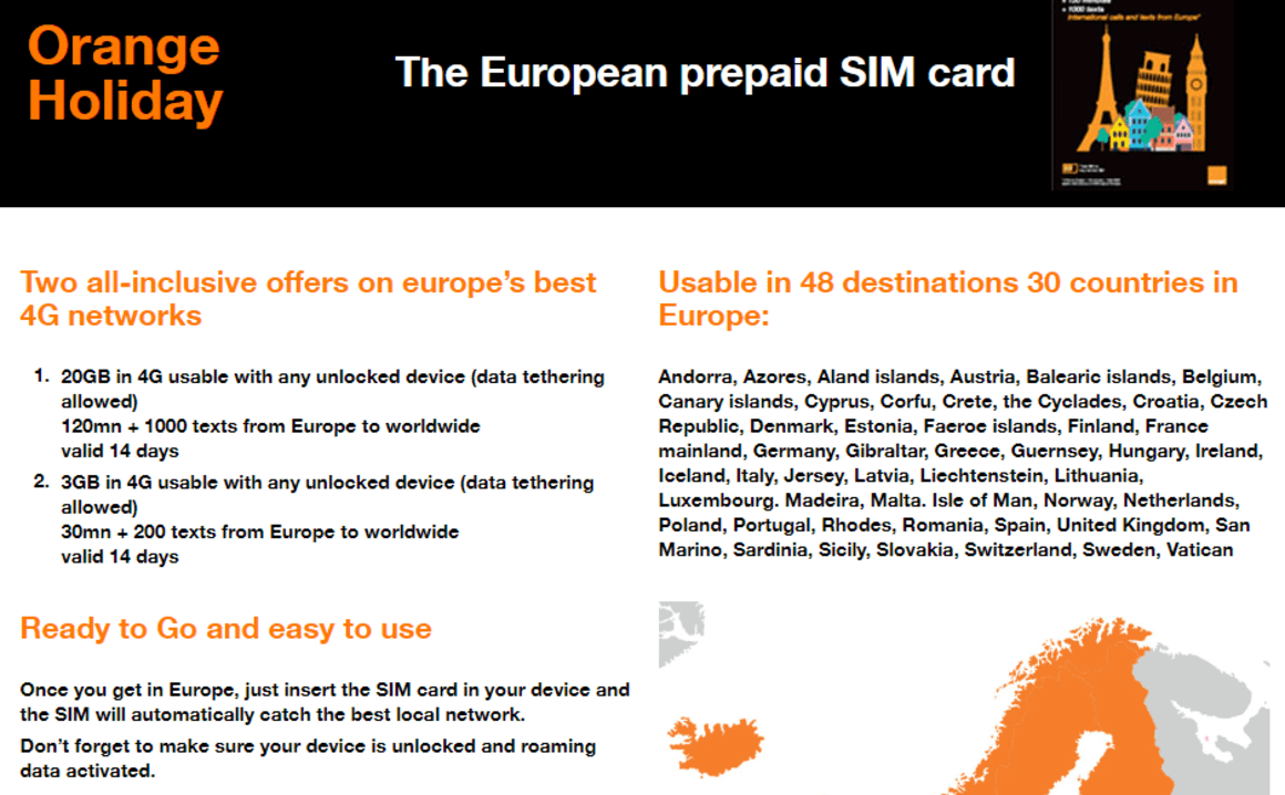 Orange Holiday European Prepaid SIM Card 