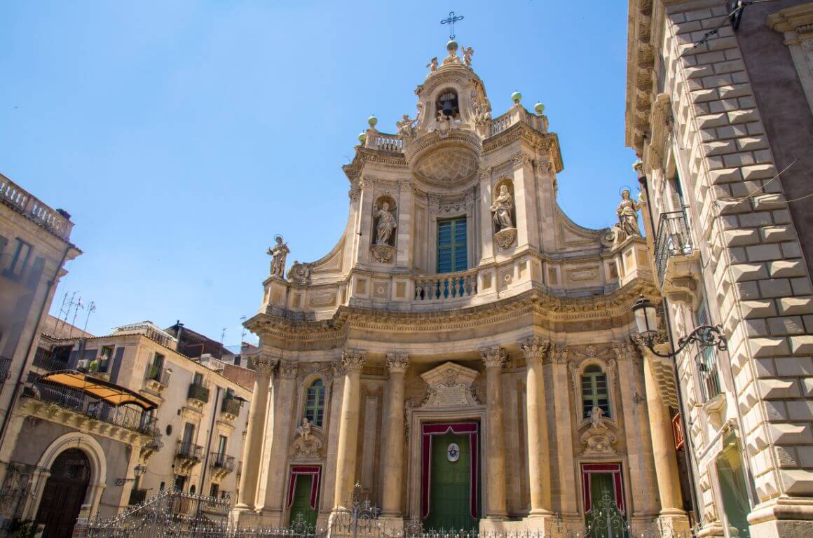 Basilica della Collegiata Baroque church on Via Etna street in city centre of Catania, Sicily, Italy