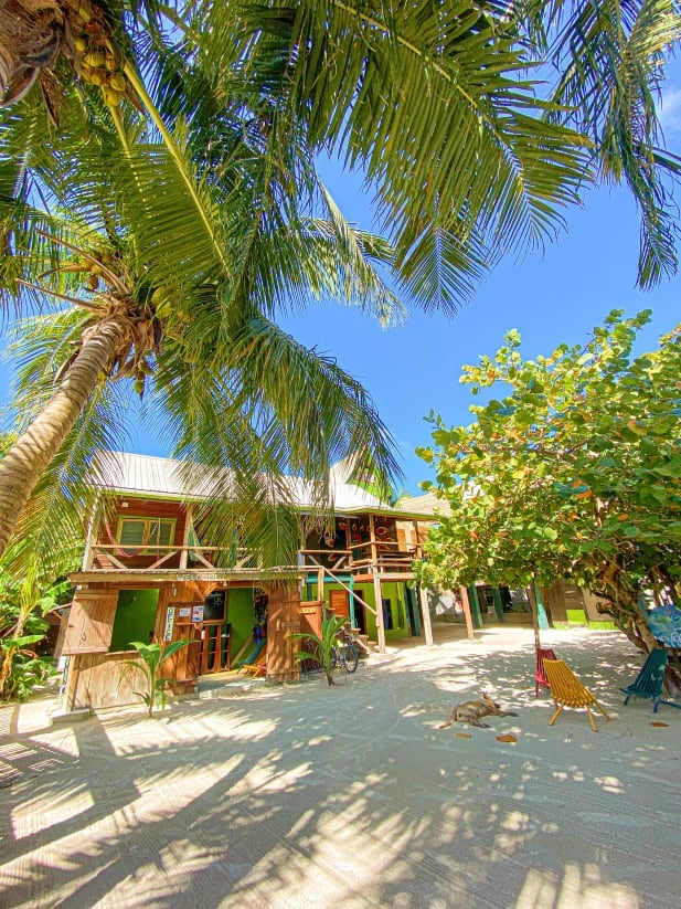 Bella's Backpackers on the white sand beach of Caye Caulker in Belize