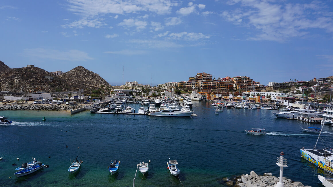 Panoramic View of the Marina Golden Zone with yachts and boats lining at the harbor 