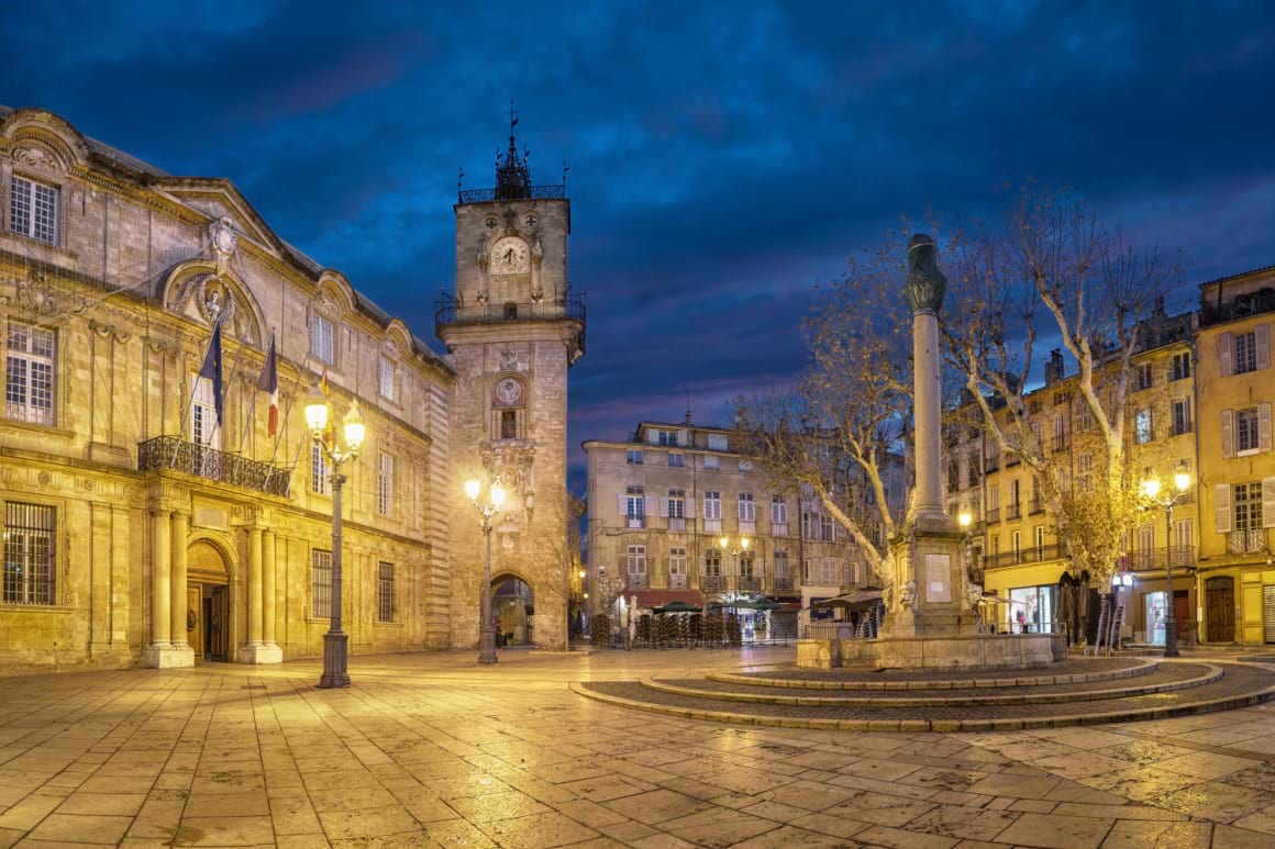 Clock tower and fountain in Aix en Provence