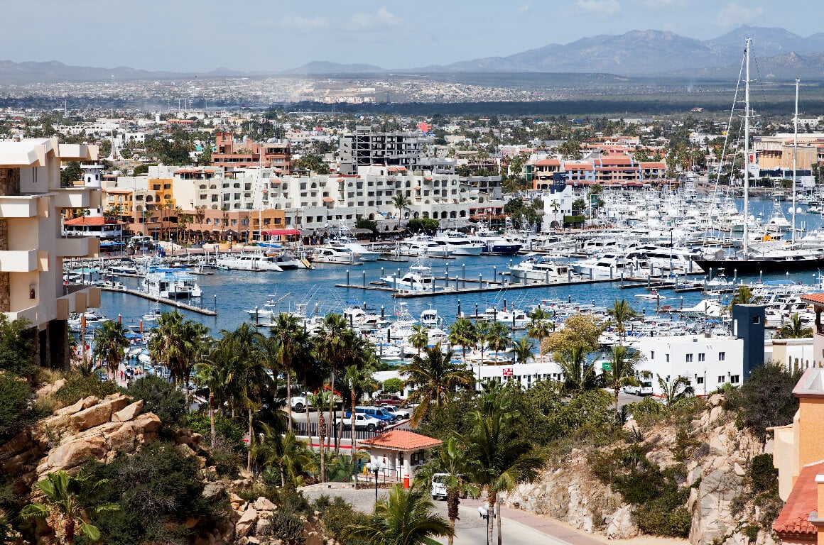 Cabo San Lucas city views with yachts lined in the harbor surrounded by buildings and palm trees