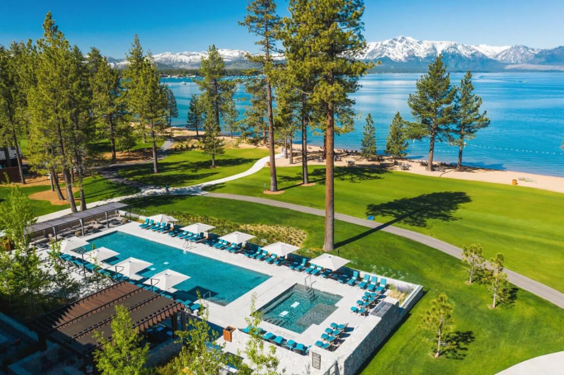 Patio area with pool at the Edgewood Tahoe Resort in Stateline