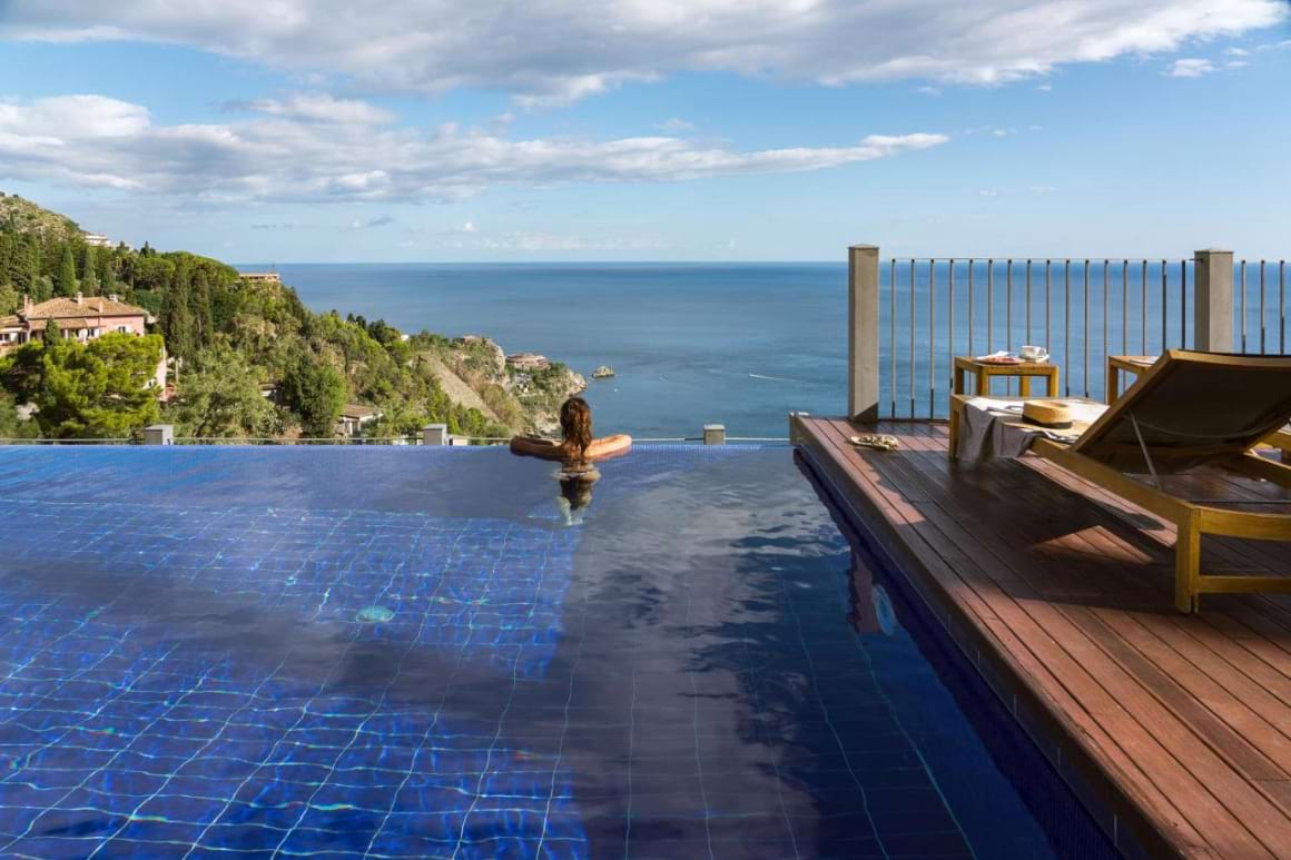 Infinity pool views at Hotel Metropole Taormina