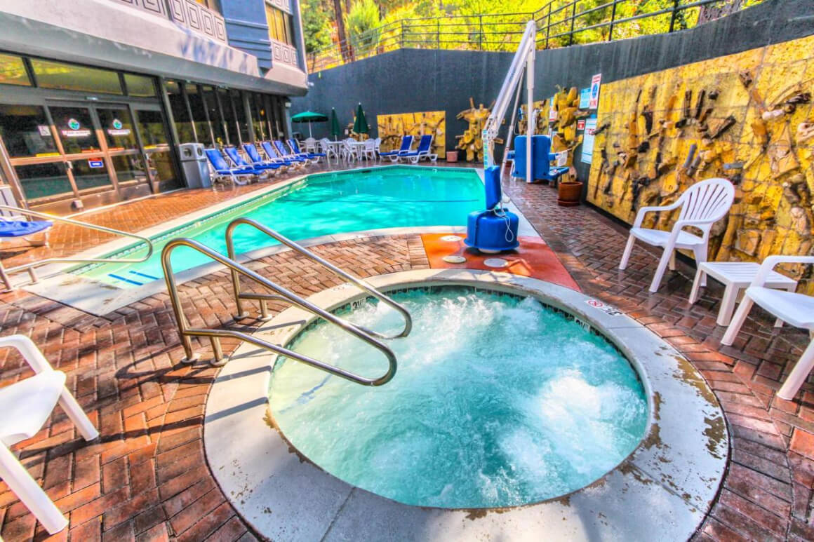 Patio area with pool at the Tahoe Seasons Resort